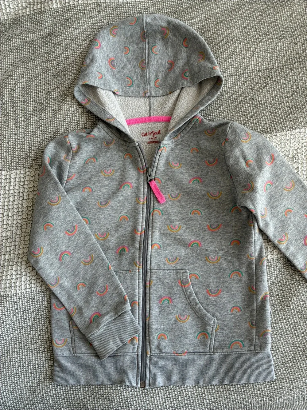 Cat & Jack Heather Gray Zip Hoodie with Pink Zip Pull and Rainbow Print